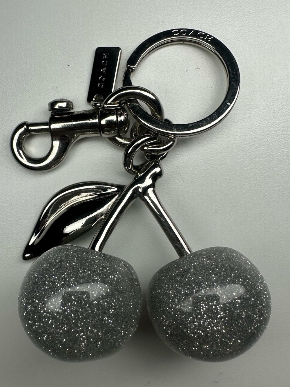 Coach Winter Cherry Bag Charm Glitter Resin Silver Hardware Keychain Key Fob